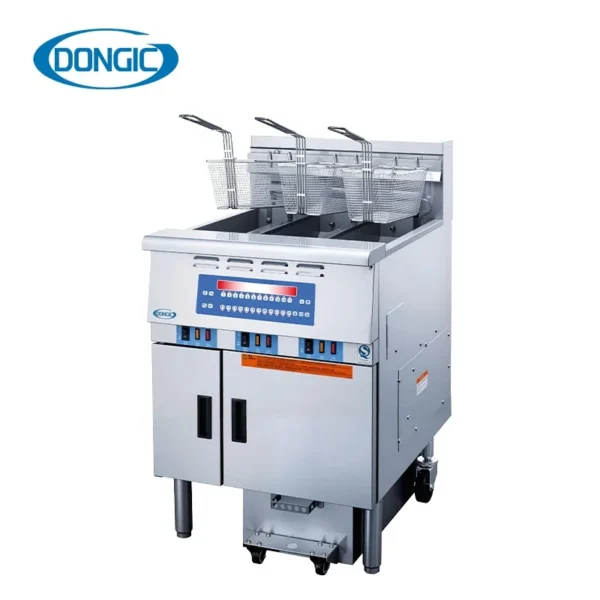 Commercial-3-Tanks-High-Efficiency-Restaurant.webp Compact Floor Standing Fryer with Filter System Perfect for Fast Food Hotel Kitchens