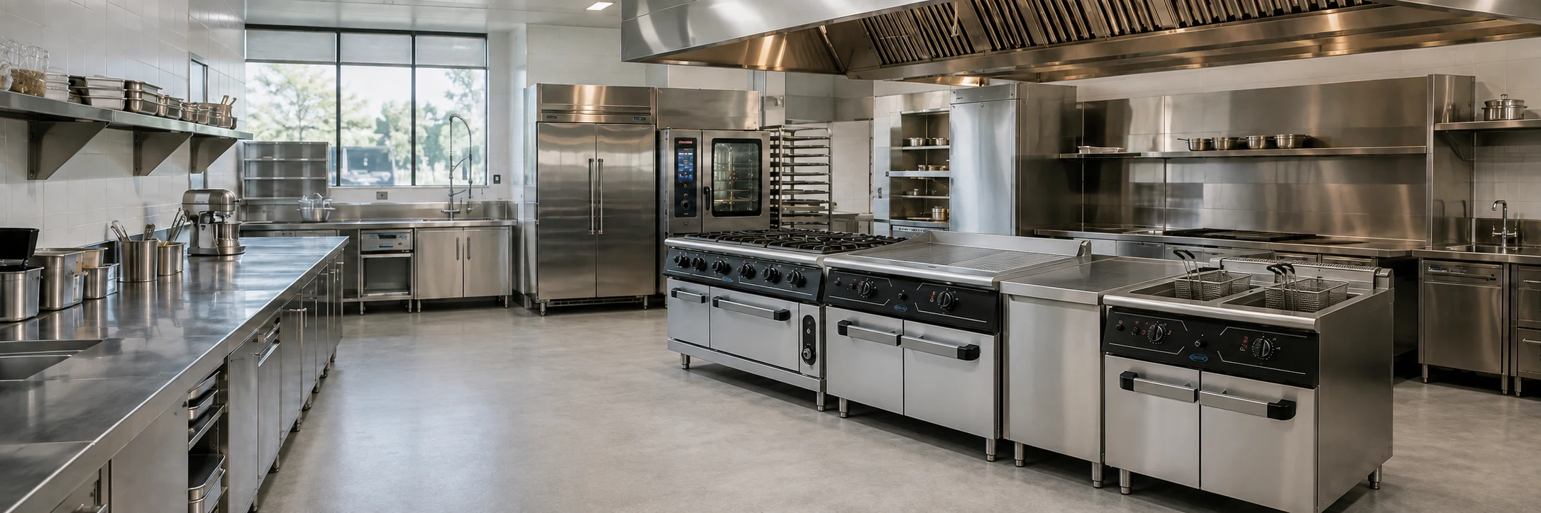 Commercial kitchen with a single cooking line, neutral worktop and fryer