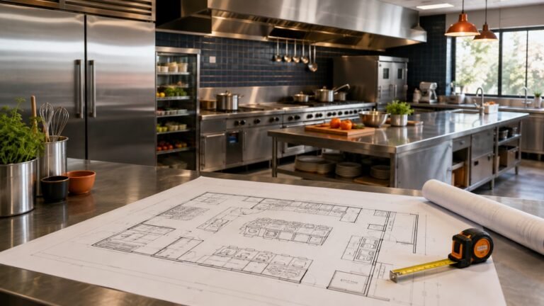 Commercial kitchen planning illustration with a floor plan and stainless-steel equipment
